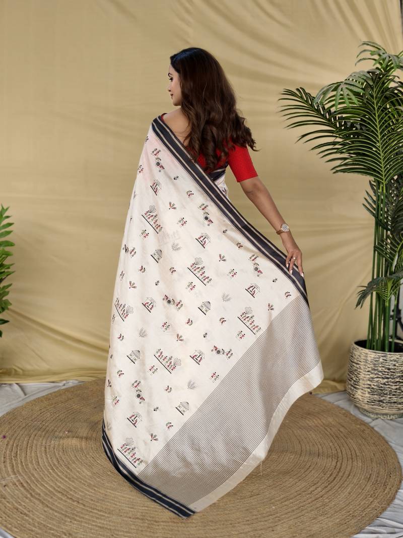 Black color machine woven multi thread work tussar silk saree