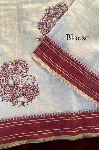 Red tussar silk multi thread peacock motifs saree