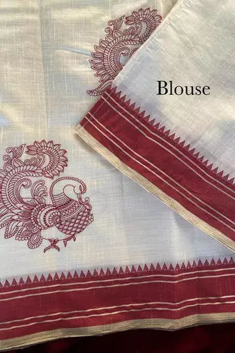 Red tussar silk multi thread peacock motifs saree
