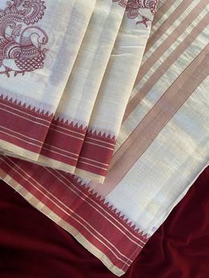 Red tussar silk multi thread peacock motifs saree 2