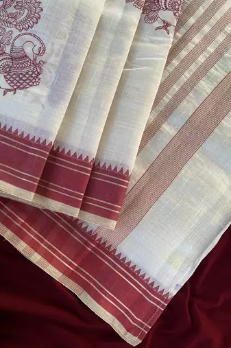 Red tussar silk multi thread peacock motifs saree