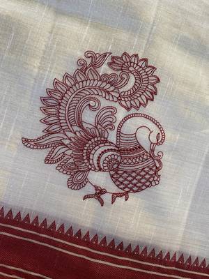 Red tussar silk multi thread peacock motifs saree 3
