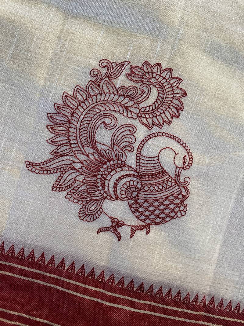 Red tussar silk multi thread peacock motifs saree