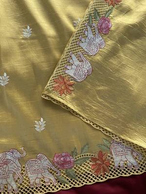 Yellow color embrodied elephant design panel with cutwork and hole work silk blend saree 2