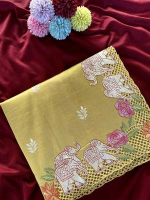 Yellow color embrodied elephant design panel with cutwork and hole work silk blend saree 3