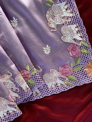 Lavender color embrodied elephant design panel with cutwork and hole work silk blend saree 1