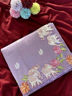 Lavender color embrodied elephant design panel with cutwork and hole work silk blend saree 3