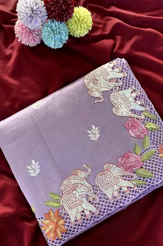 Lavender color embrodied elephant design panel with cutwork and hole work silk blend saree