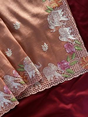 Orange color embrodied elephant design panel with cutwork and hole work silk blend saree 1