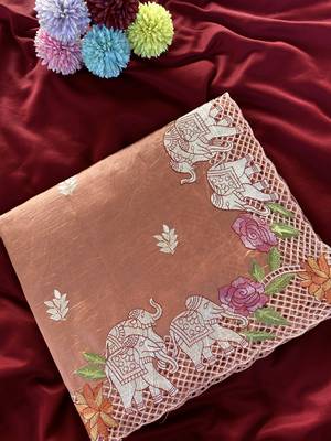 Orange color embrodied elephant design panel with cutwork and hole work silk blend saree 3