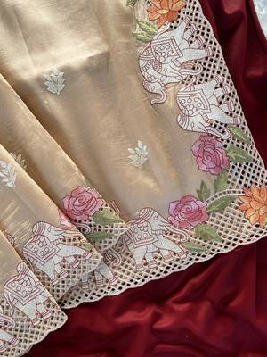 Beige color embrodied elephant design panel with cutwork and hole work viscose silk blend saree 1