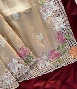 Beige color embrodied elephant design panel with cutwork and hole work viscose silk blend saree
