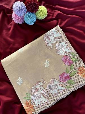 Beige color embrodied elephant design panel with cutwork and hole work viscose silk blend saree 3