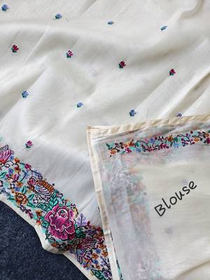 White tissue viscose saree features a heavy floral embroidered border and all-over buttis 4
