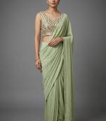 Pista beads work shiny georgette partywear saree with full of beads work blouse fabric.