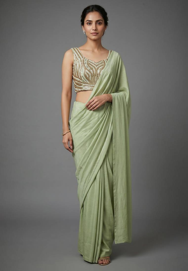 Pista beads work shiny georgette partywear saree with full of beads work blouse fabric.