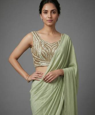 Pista beads work shiny georgette partywear saree with full of beads work blouse fabric. 2