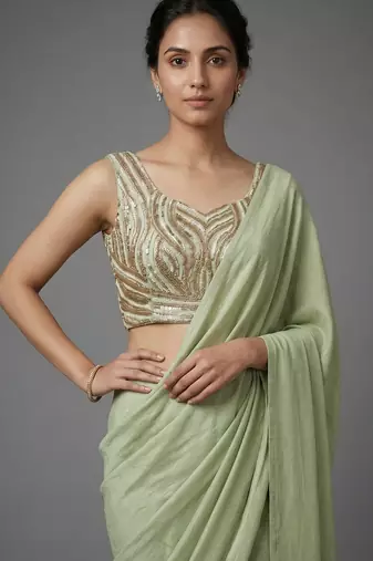 Pista beads work shiny georgette partywear saree with full of beads work blouse fabric.