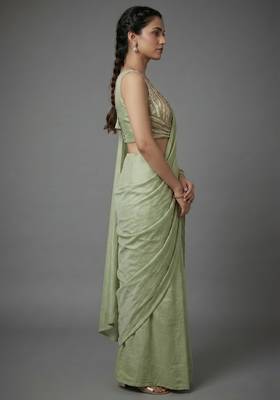 Pista beads work shiny georgette partywear saree with full of beads work blouse fabric. 3