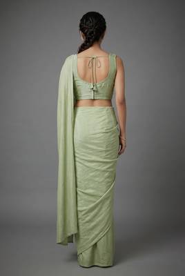 Pista beads work shiny georgette partywear saree with full of beads work blouse fabric. 4