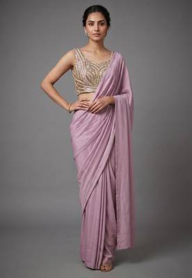 Light purple beads work shiny georgette partywear saree with full of beads work blouse fabric. 1