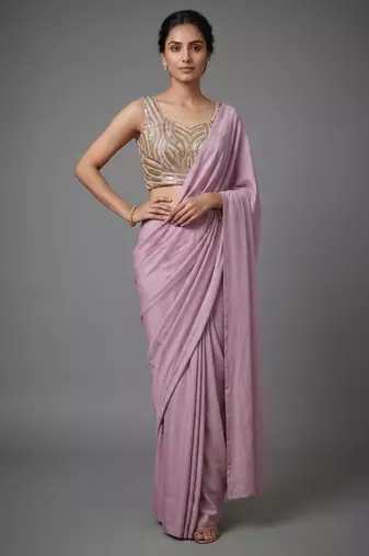 Light purple beads work shiny georgette partywear saree with full of beads work blouse fabric.