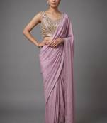 Light purple beads work shiny georgette partywear saree with full of beads work blouse fabric.