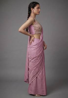 Light purple beads work shiny georgette partywear saree with full of beads work blouse fabric. 3