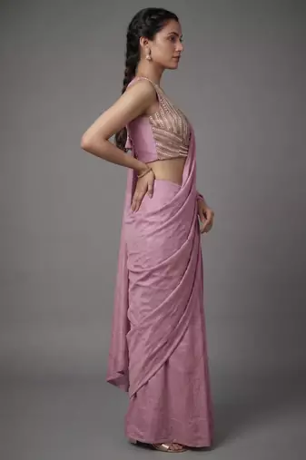 Light purple beads work shiny georgette partywear saree with full of beads work blouse fabric.