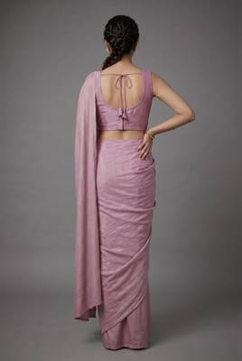 Light purple beads work shiny georgette partywear saree with full of beads work blouse fabric. 4