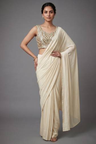 Cream beads work shiny georgette partywear saree with full of beads work blouse fabric.