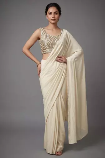 Cream beads work shiny georgette partywear saree with full of beads work blouse fabric.