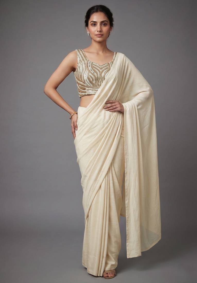 Cream beads work shiny georgette partywear saree with full of beads work blouse fabric.