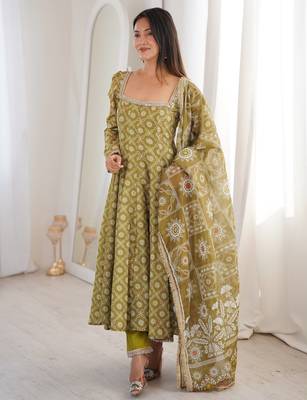 Olive printed maslin anarkali suit set with organza dupatta 1