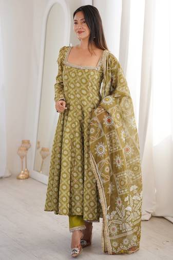 Olive printed maslin anarkali suit set with organza dupatta