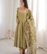 Olive printed maslin anarkali suit set with organza dupatta