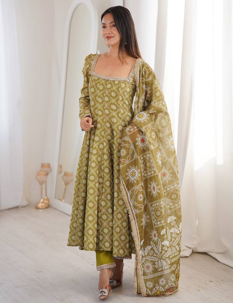 Olive printed maslin anarkali suit set with organza dupatta