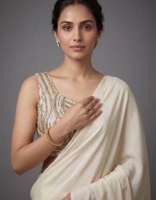 Cream beads work shiny georgette partywear saree with full of beads work blouse fabric. 2