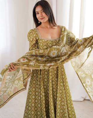 Olive printed maslin anarkali suit set with organza dupatta 2