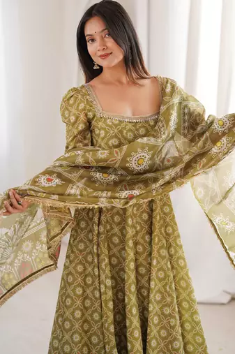 Olive printed maslin anarkali suit set with organza dupatta