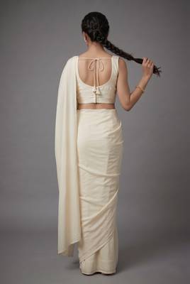 Cream beads work shiny georgette partywear saree with full of beads work blouse fabric. 4