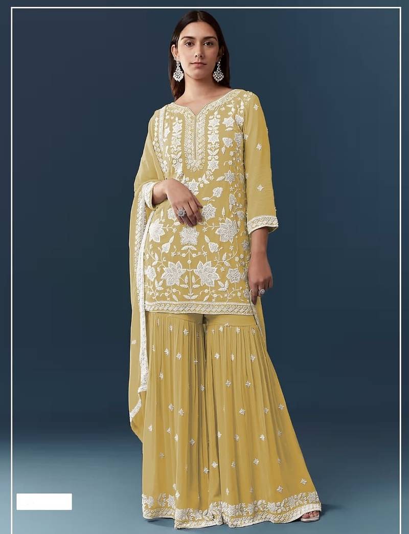 Yellow heavy chiffon georgette suit set