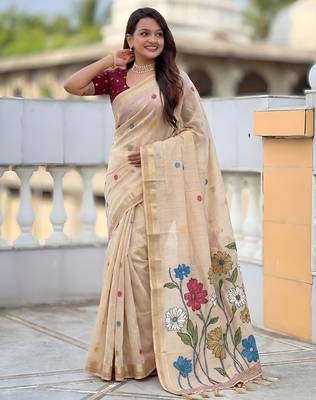 soft pure muga cotton  saree with meenakari  weaving  motifs and contrast blouse 3