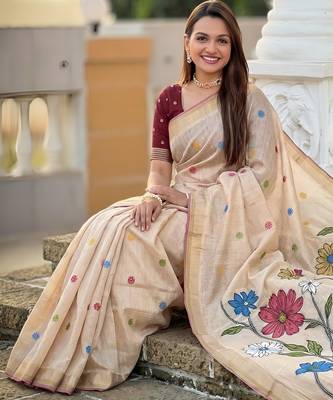 soft pure muga cotton  saree with meenakari  weaving  motifs and contrast blouse 5