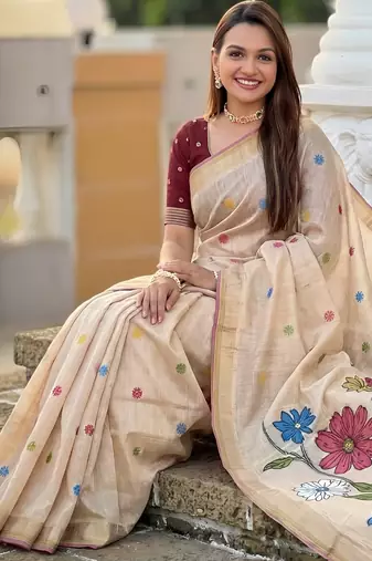 soft pure muga cotton  saree with meenakari  weaving  motifs and contrast blouse