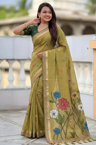 soft pure muga cotton  saree with meenakari  weaving  motifs and contrast blouse