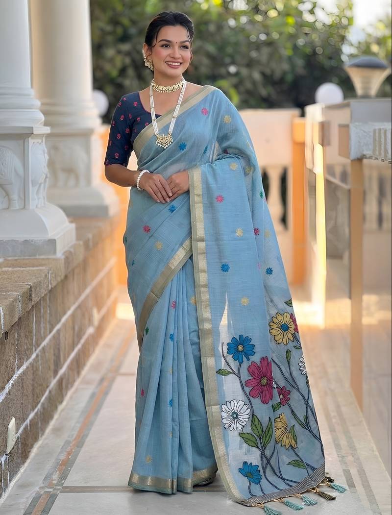soft pure muga cotton  saree with meenakari  weaving  motifs and contrast blouse