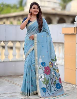 soft pure muga cotton  saree with meenakari  weaving  motifs and contrast blouse 5