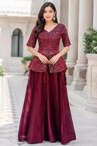   Red Embroidered Peplum Top with Matching Flared Lehenga Set