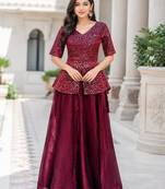 New Trendy Stylish Red Embroidered Peplum Top with Matching Flared Lehenga Set